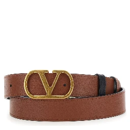Reversible Belt with VLogo Buckle in Black Leather for Women