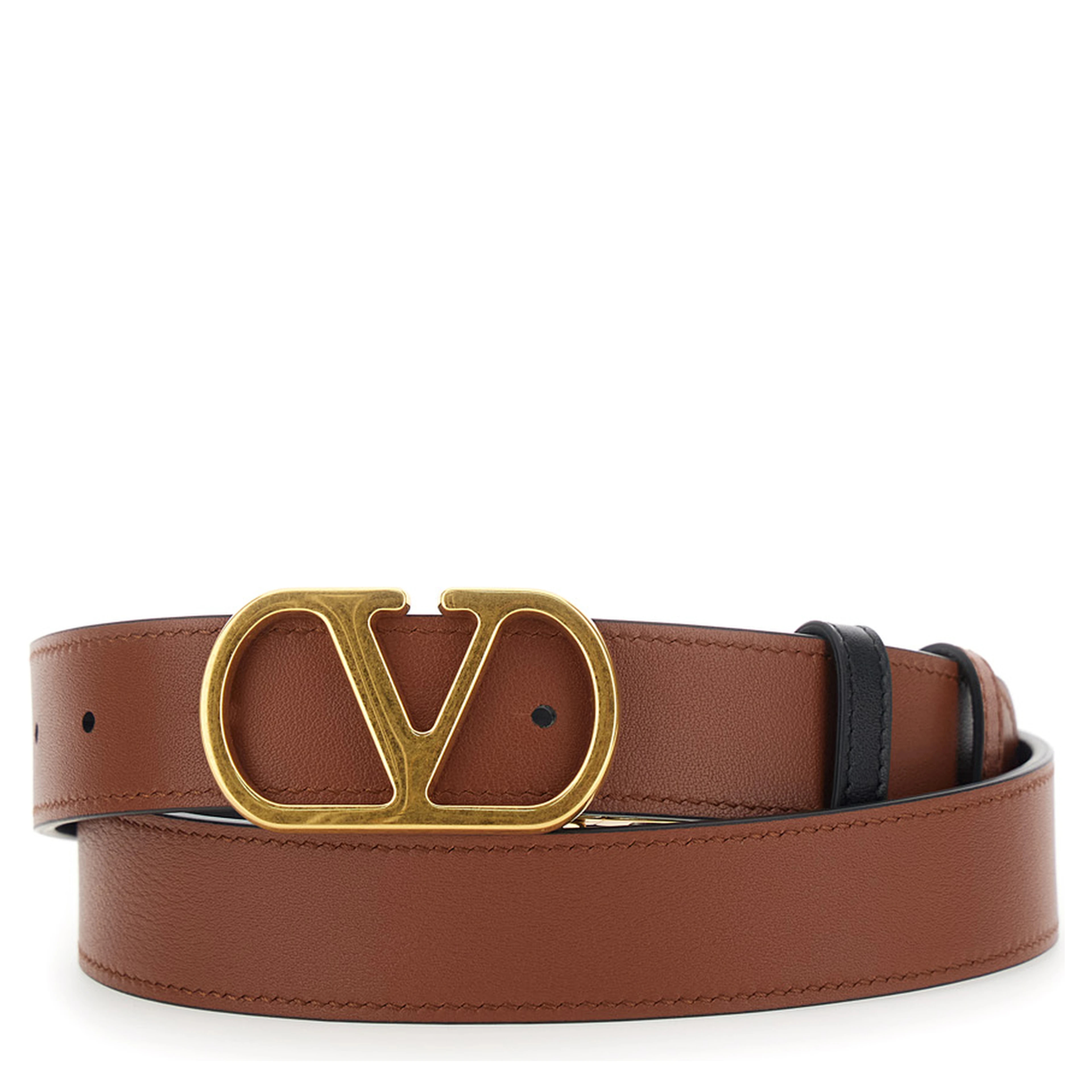 Reversible Belt with VLogo Buckle in Black Leather for Women