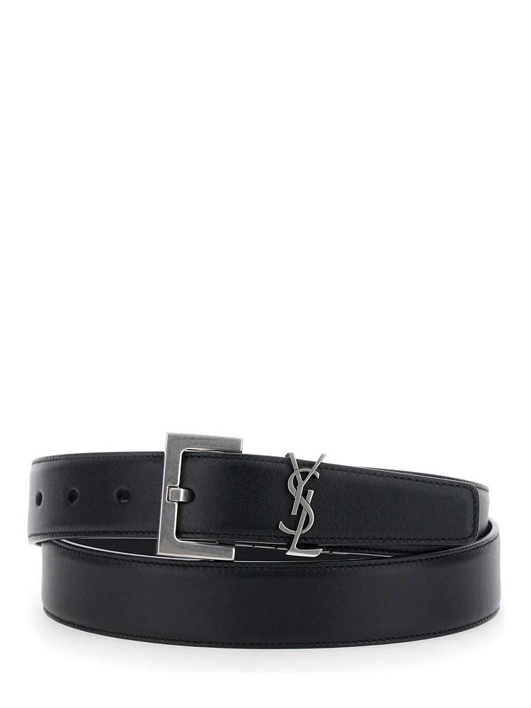 Belt with Cassandre Plate on the Front and Square Buckle in Black Leather for Women