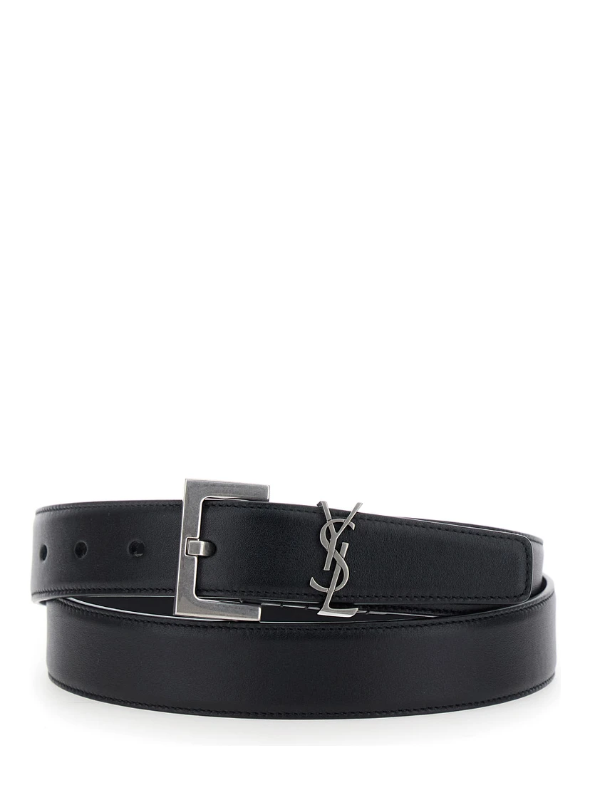 Belt with Cassandre Plate on the Front and Square Buckle in Black Leather for Women