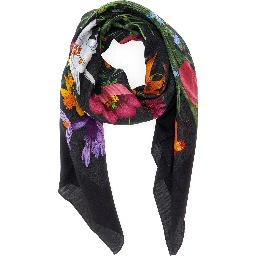 black Scarf with floral print and all-over GG in wool and silk for women