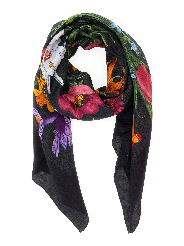 black Scarf with floral print and all-over GG in wool and silk for women alternative