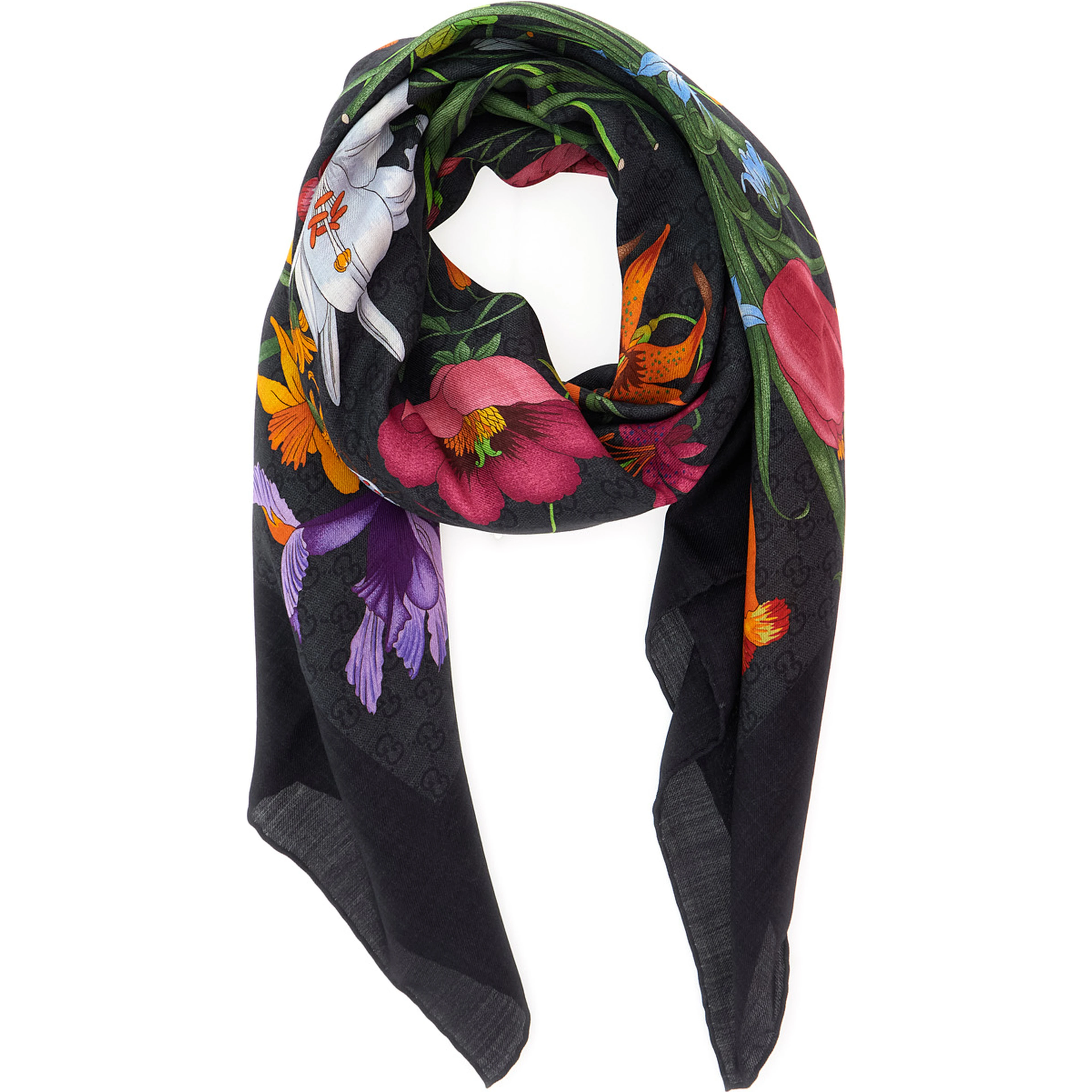 black Scarf with floral print and all-over GG in wool and silk for women