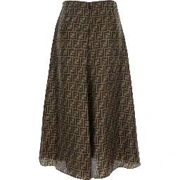 Brown Midi Flared Skirt with FF All-Over Motif in Silk for Women