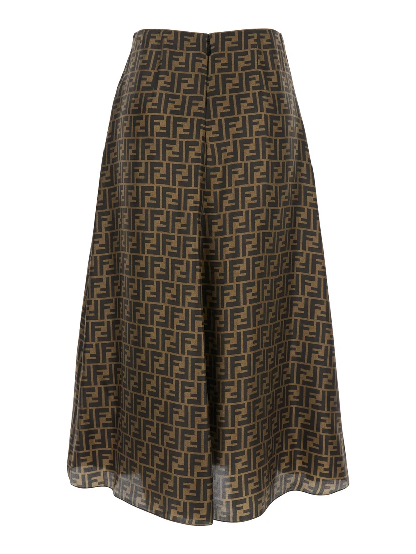 Brown Midi Flared Skirt with FF All-Over Motif in Silk for Women