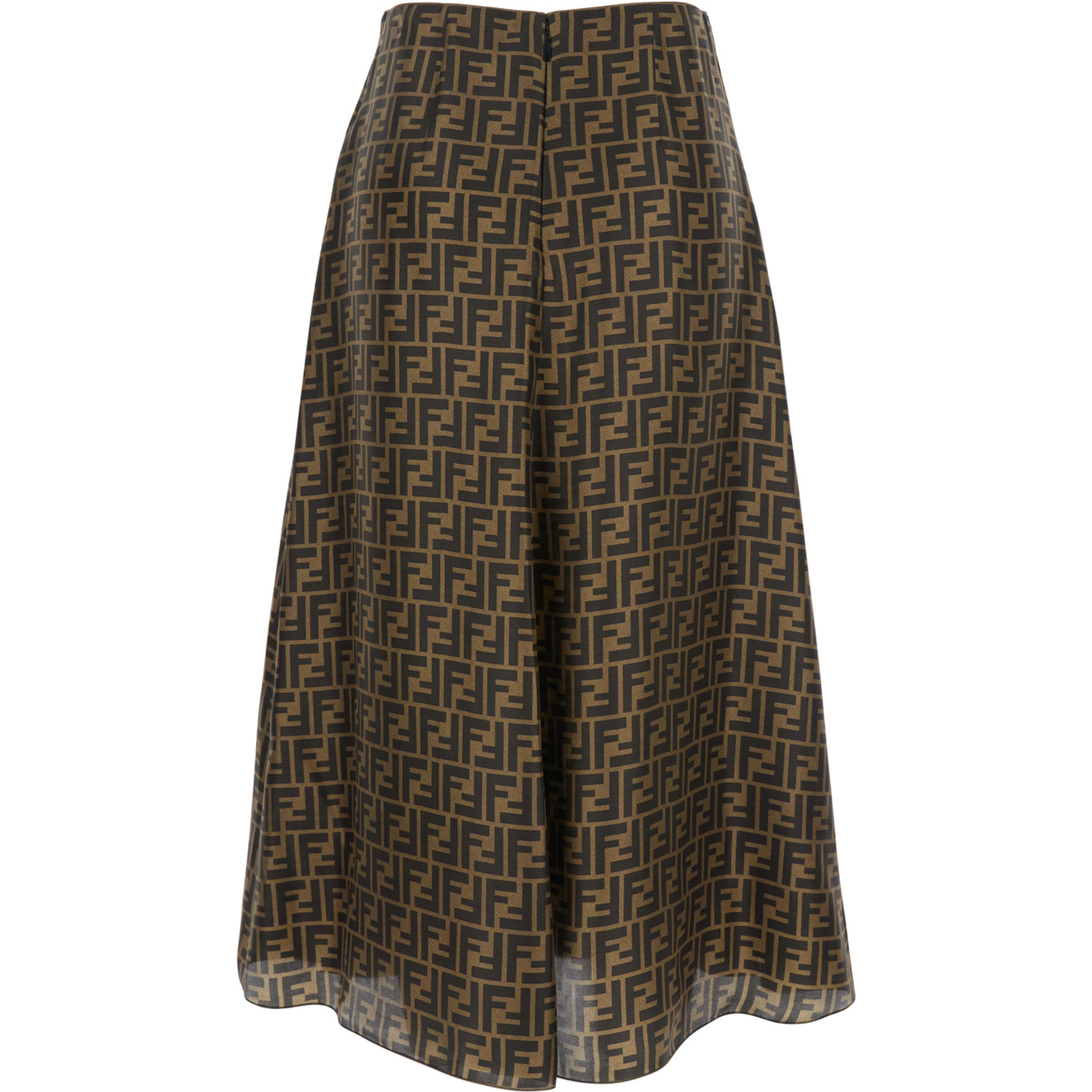 Brown Midi Flared Skirt with FF All-Over Motif in Silk for Women