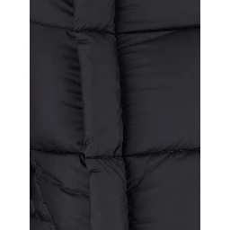 Black Down jacket with high collar and off-center zip closure and asymmetrical hem in Tech Fabric for women