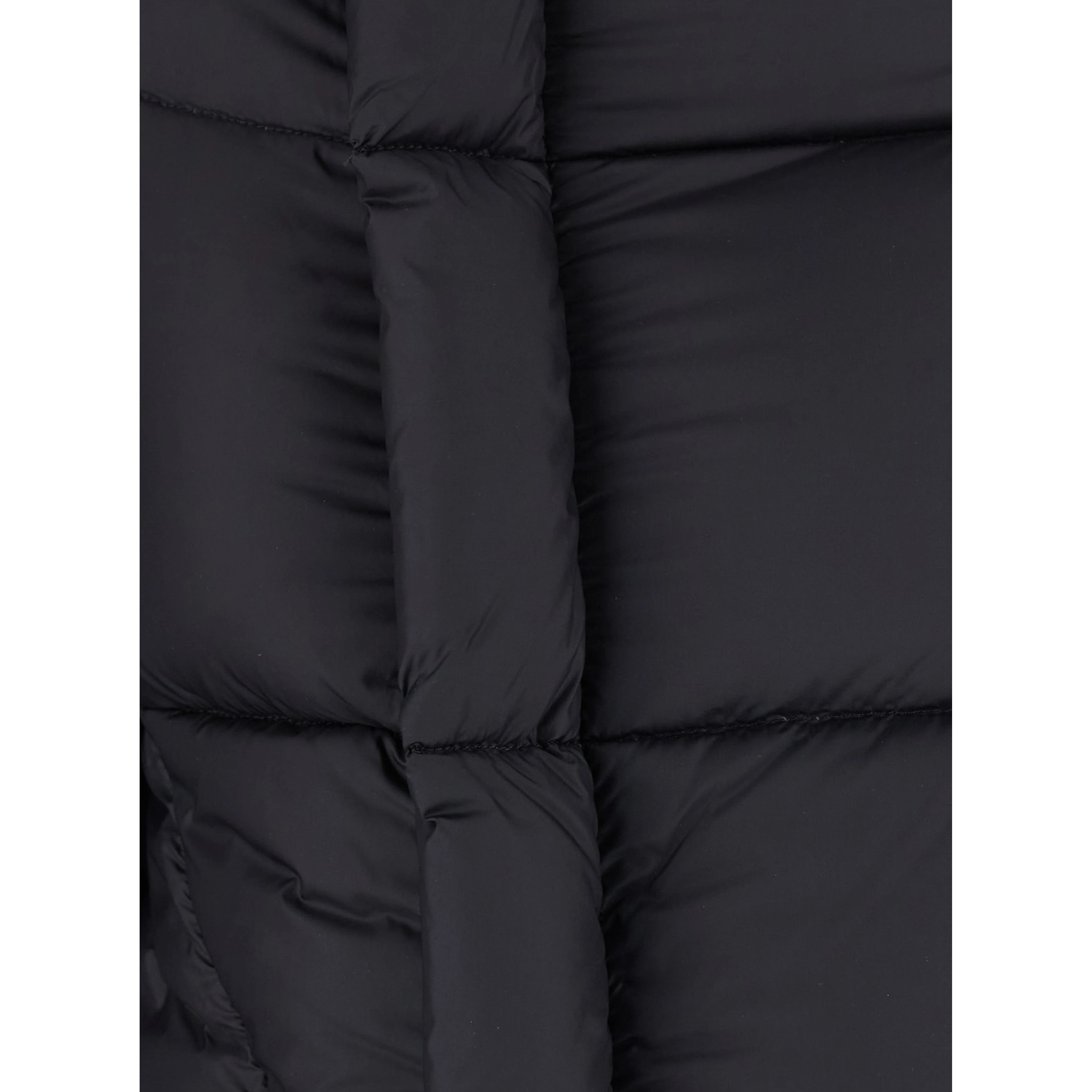 Black Down jacket with high collar and off-center zip closure and asymmetrical hem in Tech Fabric for women