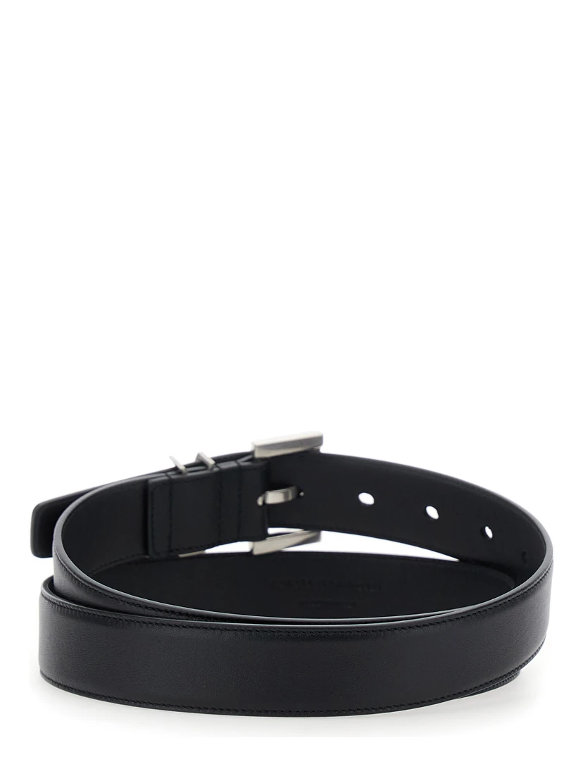 Belt with Cassandre Plate on the Front and Square Buckle in Black Leather for Women