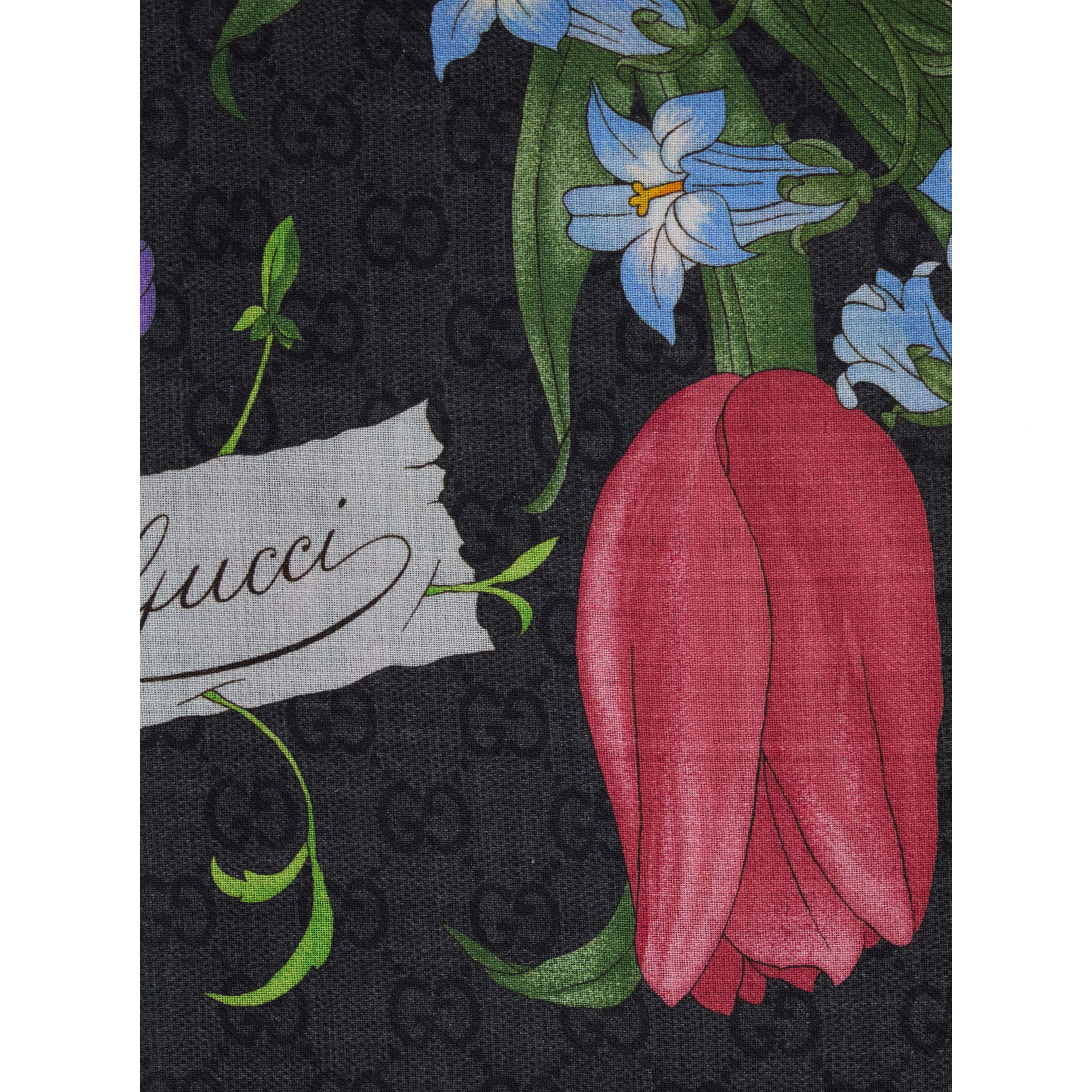 black Scarf with floral print and all-over GG in wool and silk for women