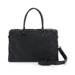 Handbag Le City Large with Adjustable and Removable Shoulder Strap and Zip Pocket on the Front in Grained Black Leather for Men