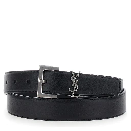 Belt with Cassandre Plate on the Front and Square Buckle in Black Leather for Women