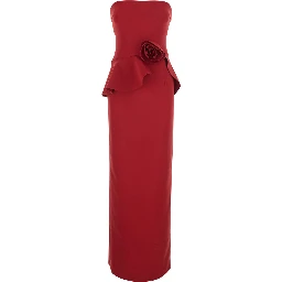 Red Long Sleeveless Dress with Floral Detail on the Front in Tech Fabric Women
