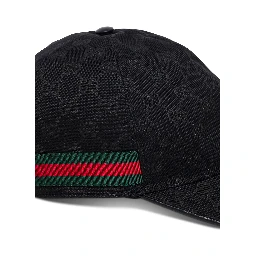 Baseball Cap with Web Detail and GG All-Over Motif in Black Cotton Blend for Men