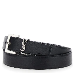 Belt with Cassandre Plate on the Front and Square Buckle in Black Leather for Women