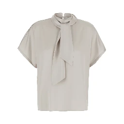 Beige Blouse with bow collar and Monile decoration in silk for women