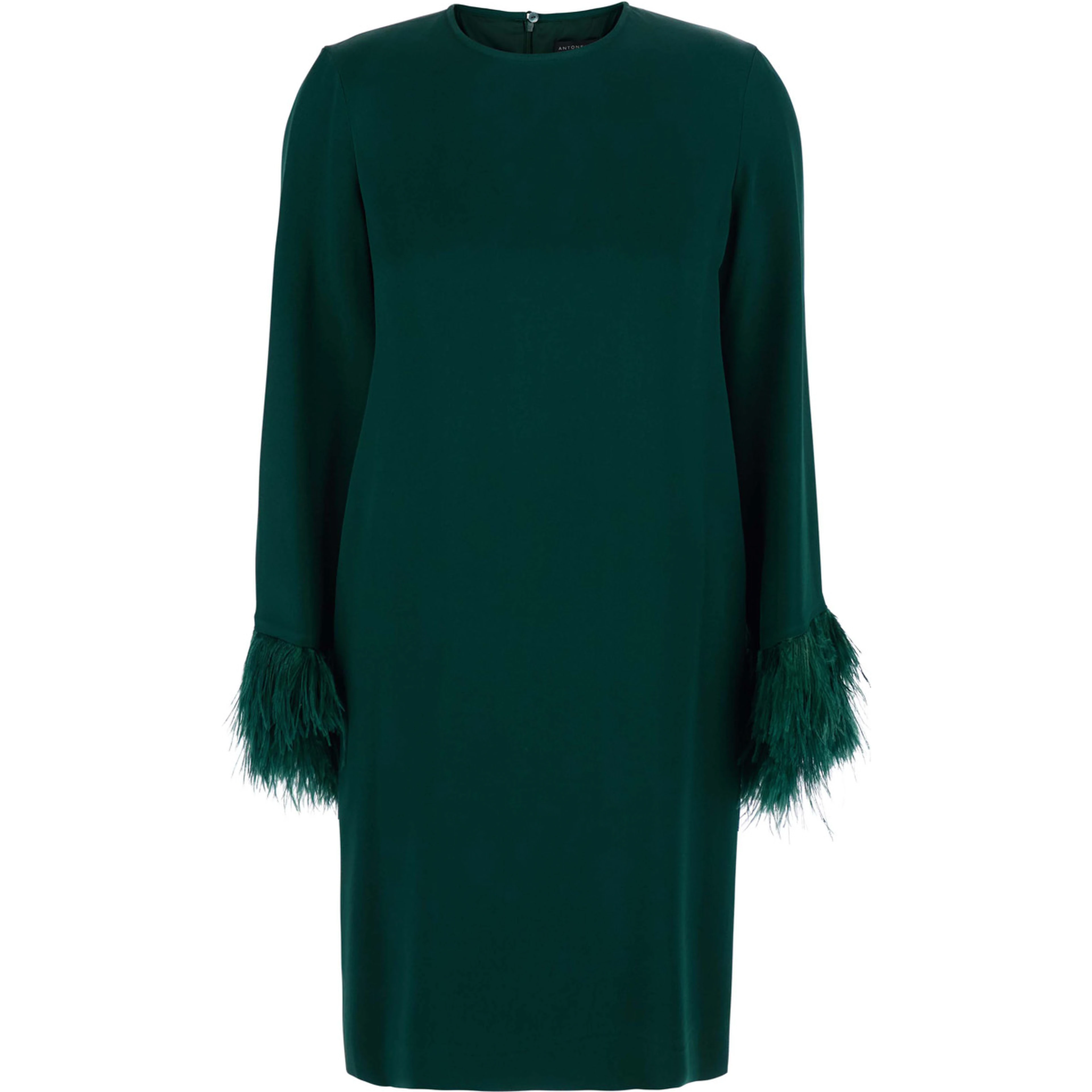 Violetta Green Dress with Long Sleeves and Feather Details in Satin for Women