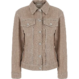 Beige Jacket with classic collar and two flap pockets on the front in denim for women