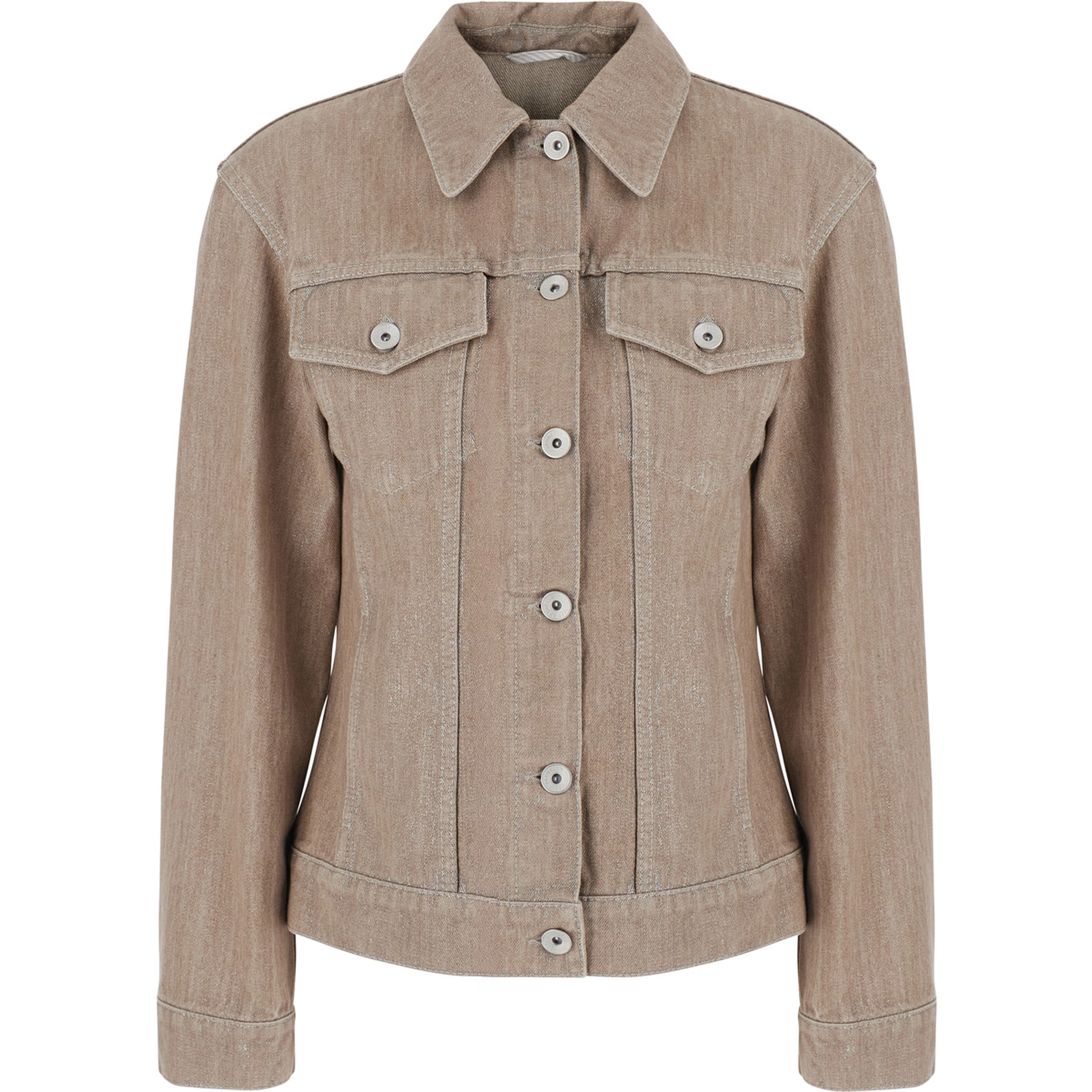 Beige Jacket with classic collar and two flap pockets on the front in denim for women
