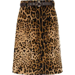 Falange Brown Flared Skir with Front Belt and All-Over Leopard Motif in Velvet for Women
