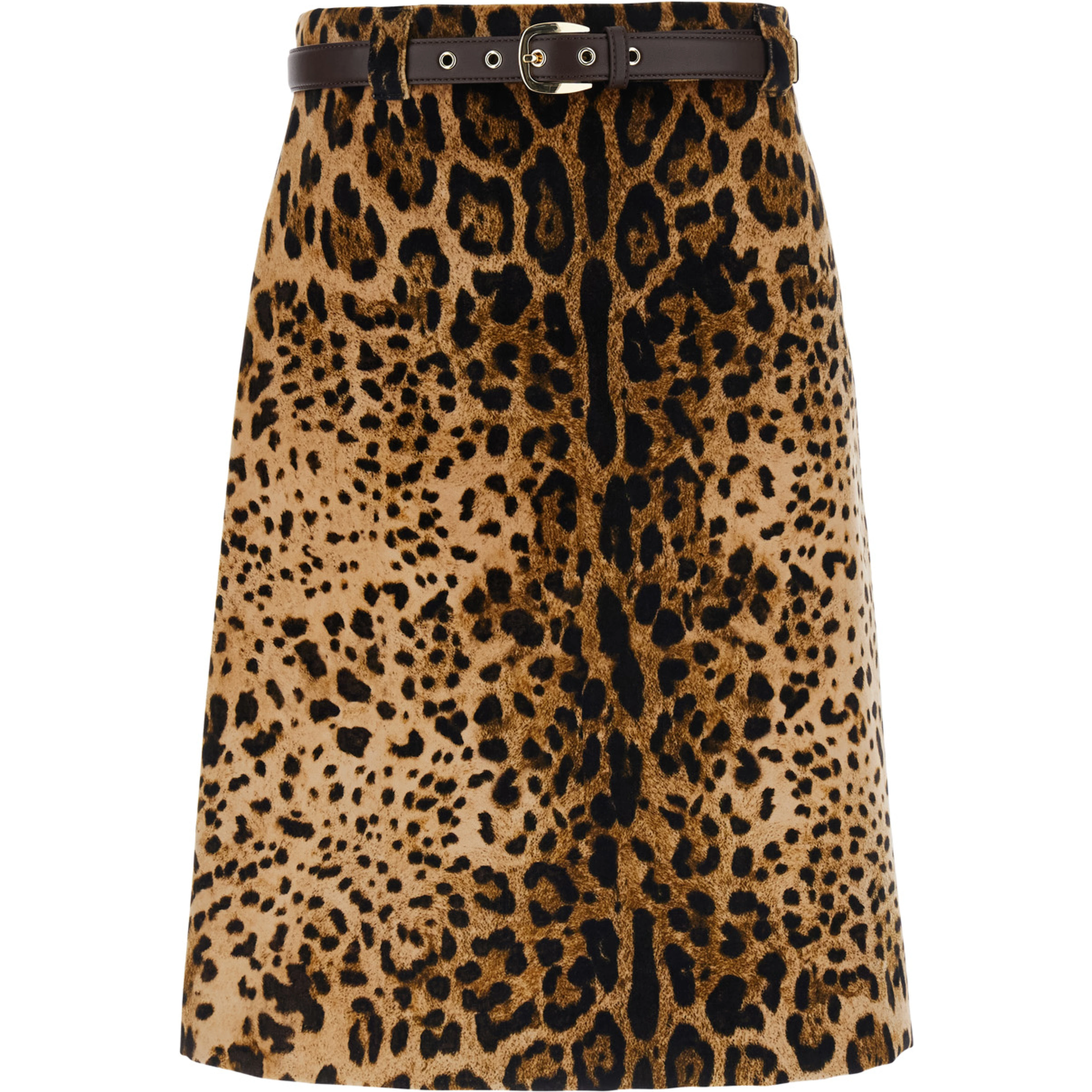 Falange Brown Flared Skir with Front Belt and All-Over Leopard Motif in Velvet for Women