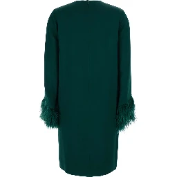 Violetta Green Dress with Long Sleeves and Feather Details in Satin for Women