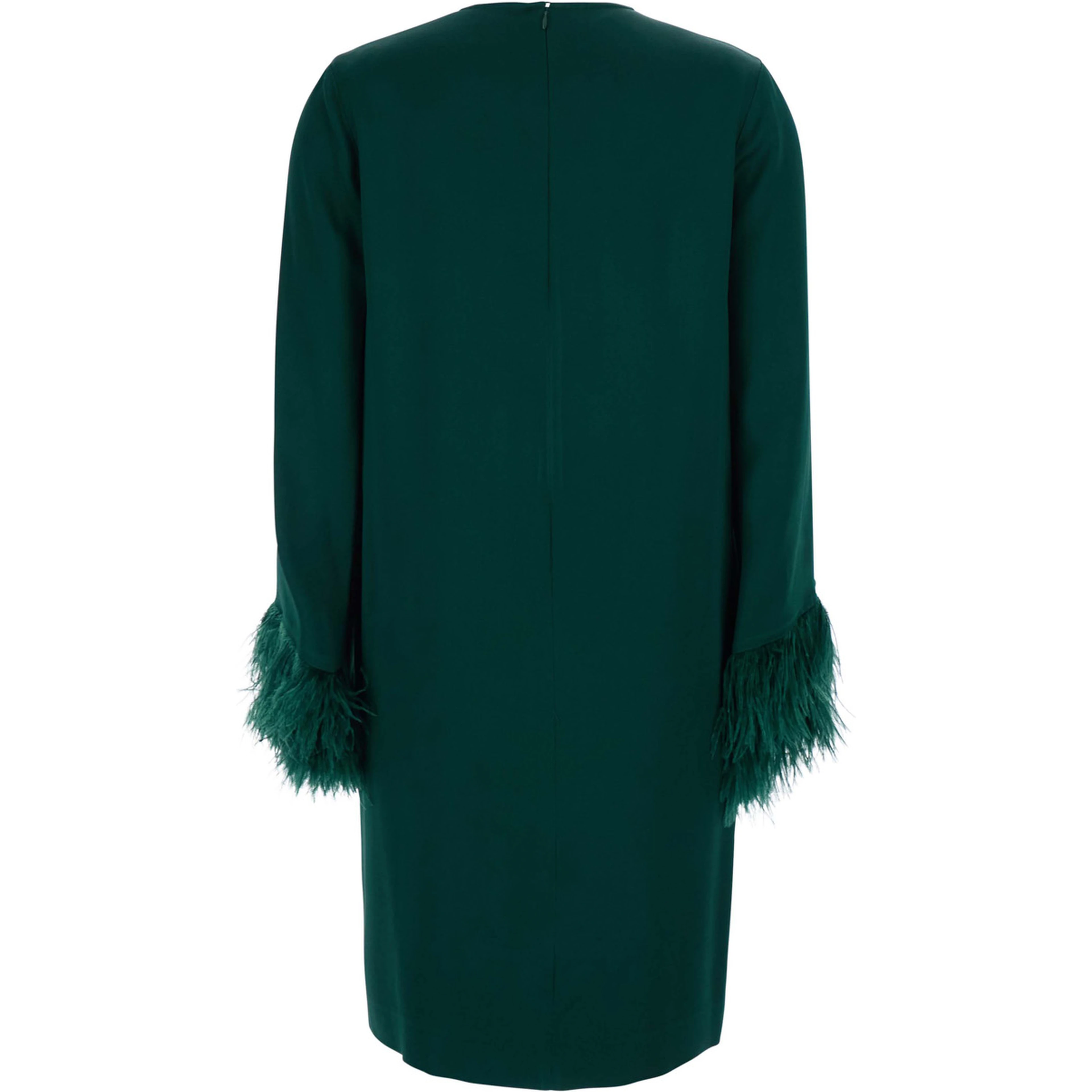 Violetta Green Dress with Long Sleeves and Feather Details in Satin for Women