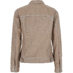 Beige Jacket with classic collar and two flap pockets on the front in denim for women