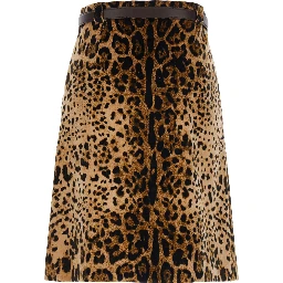 Falange Brown Flared Skir with Front Belt and All-Over Leopard Motif in Velvet for Women