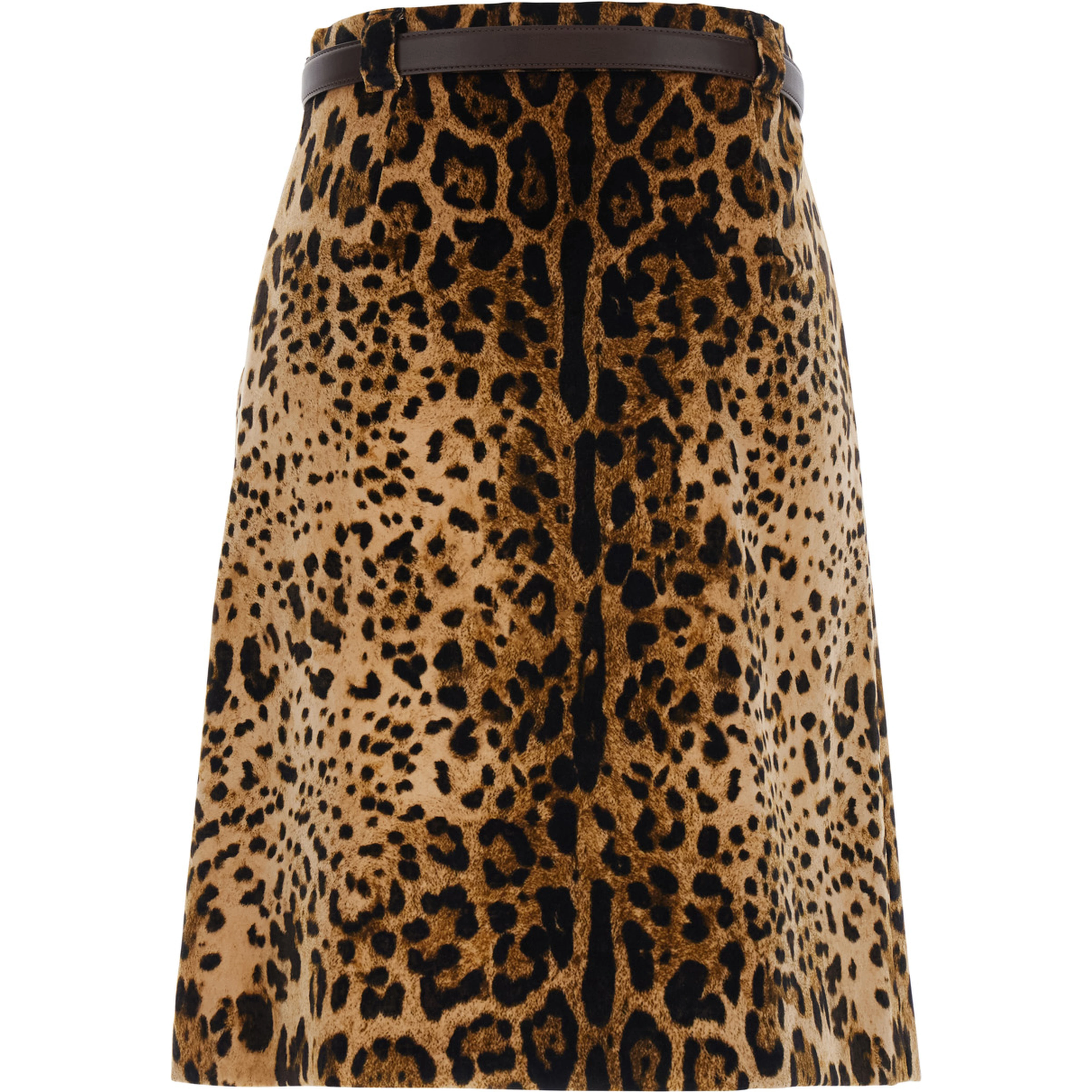 Falange Brown Flared Skir with Front Belt and All-Over Leopard Motif in Velvet for Women