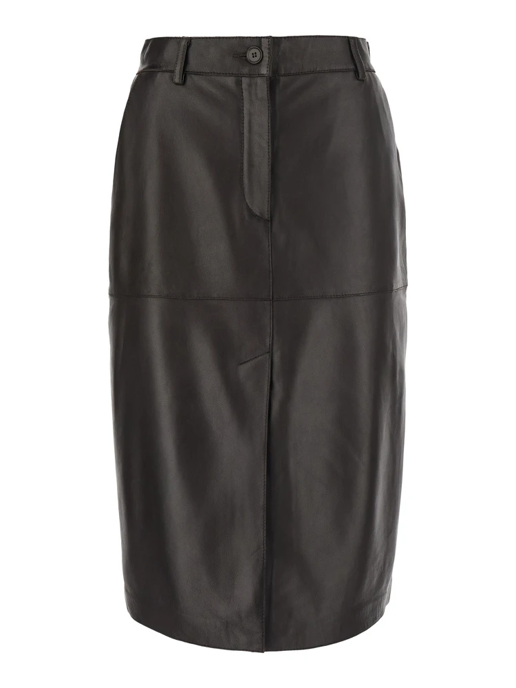 brown Skirt with front closure and slit in leather for women
