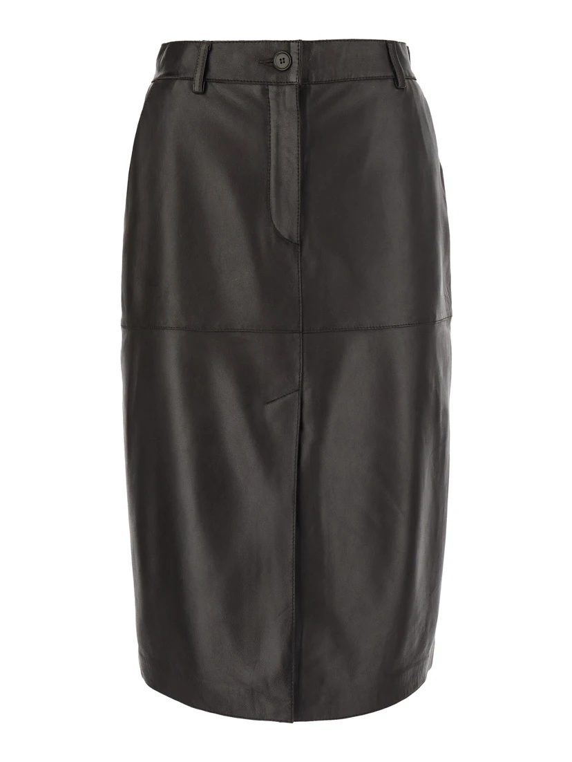 brown Skirt with front closure and slit in leather for women