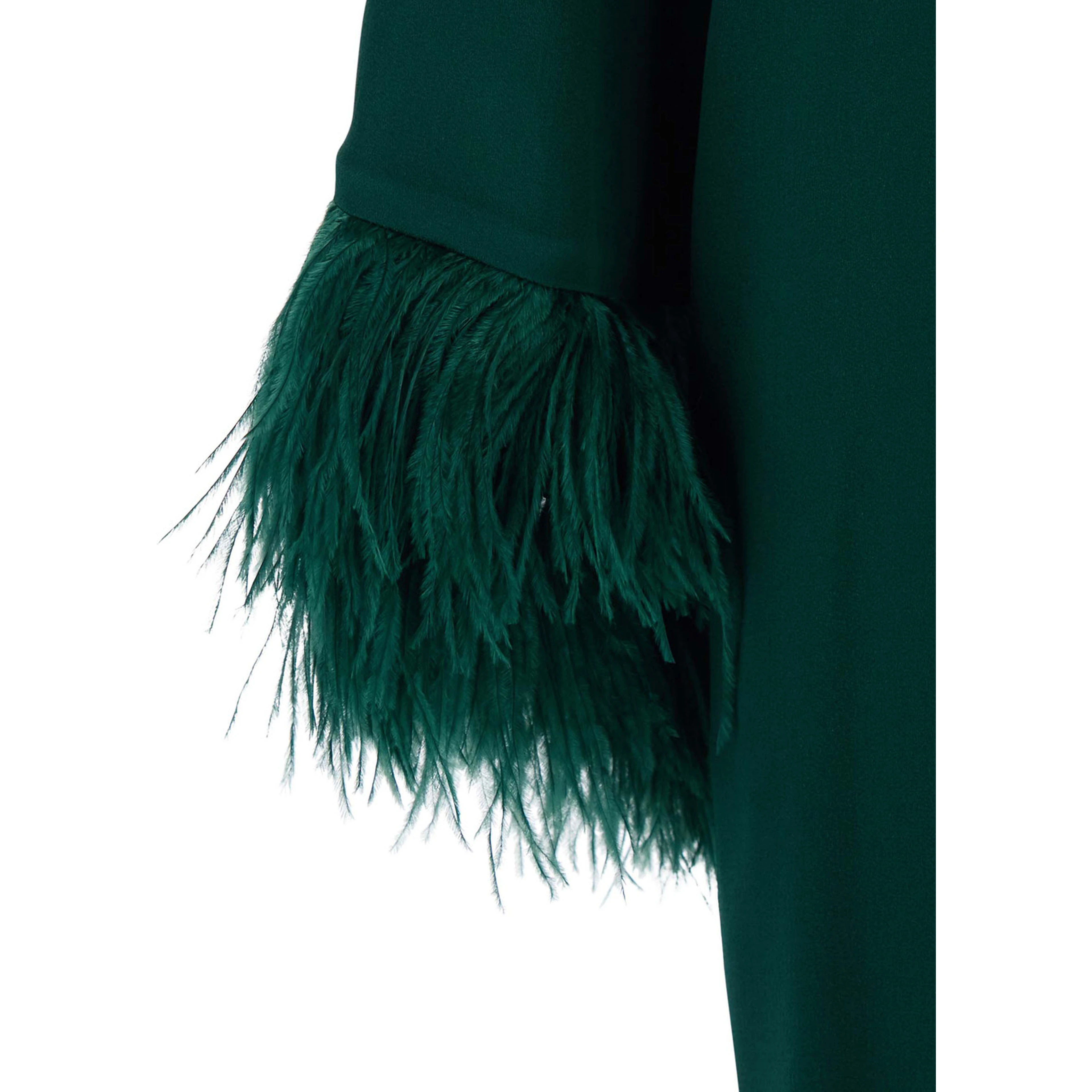 Violetta Green Dress with Long Sleeves and Feather Details in Satin for Women