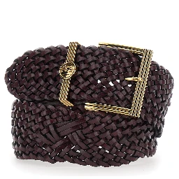 Brown belt with woven design and Pegaso logo in leather for women