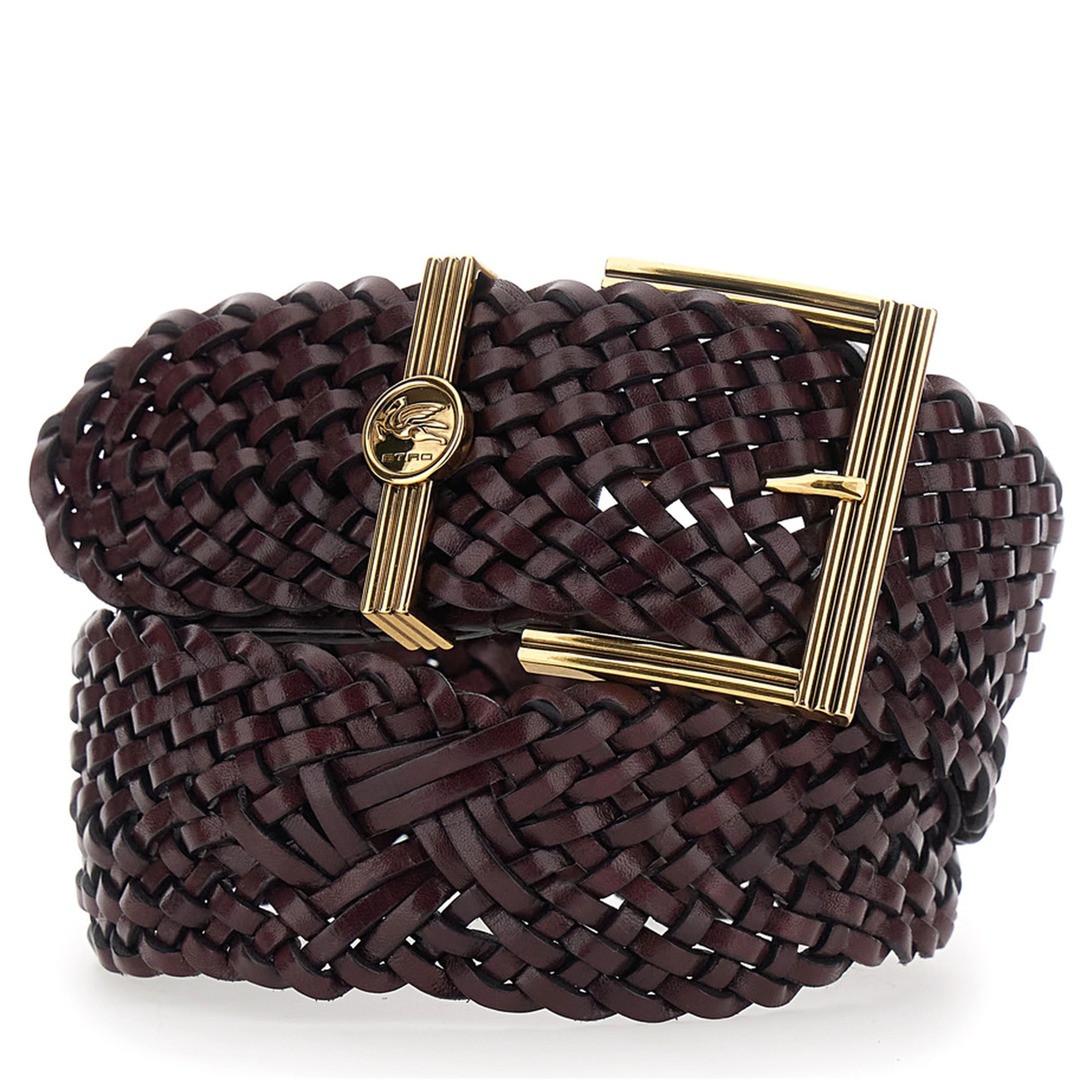 Brown belt with woven design and Pegaso logo in leather for women