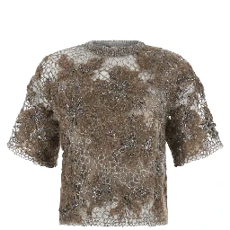 Beige Crew Neck T-Shirt with Deconstructed Shoulders in Wool Blend for Women