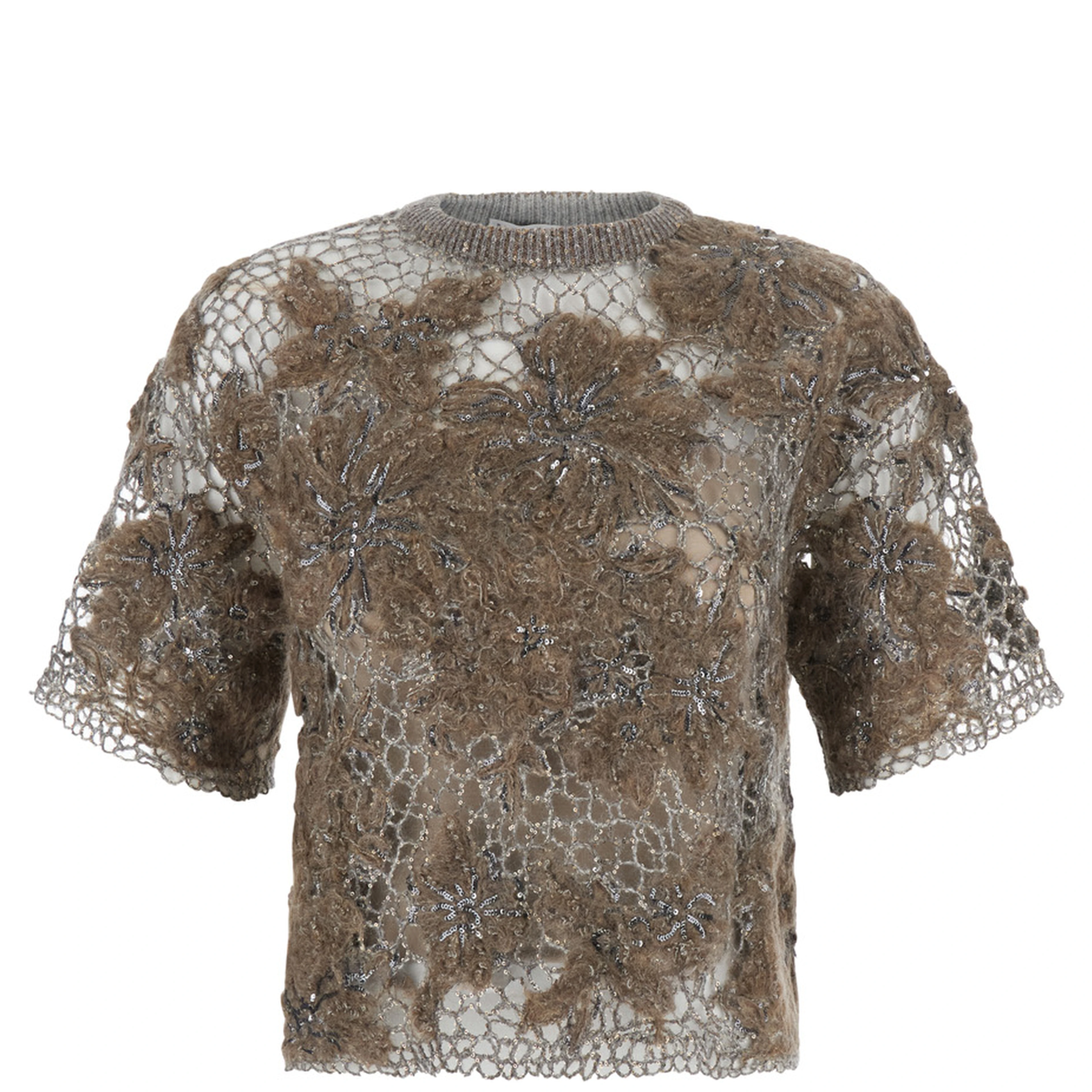 Beige Crew Neck T-Shirt with Deconstructed Shoulders in Wool Blend for Women