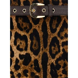 Falange Brown Flared Skir with Front Belt and All-Over Leopard Motif in Velvet for Women