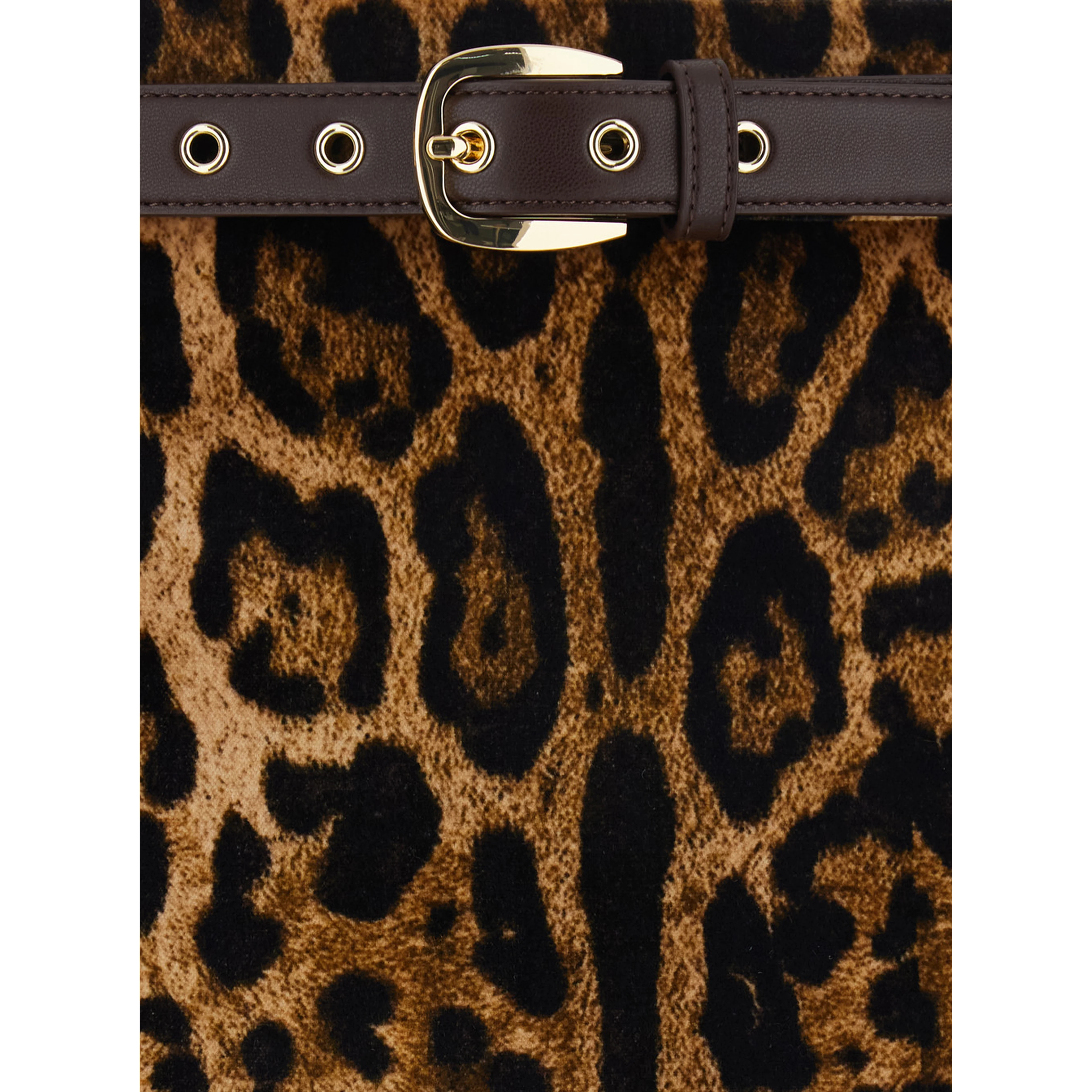 Falange Brown Flared Skir with Front Belt and All-Over Leopard Motif in Velvet for Women