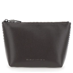 Brown beauty case with embossed logo lettering on the front in leather women