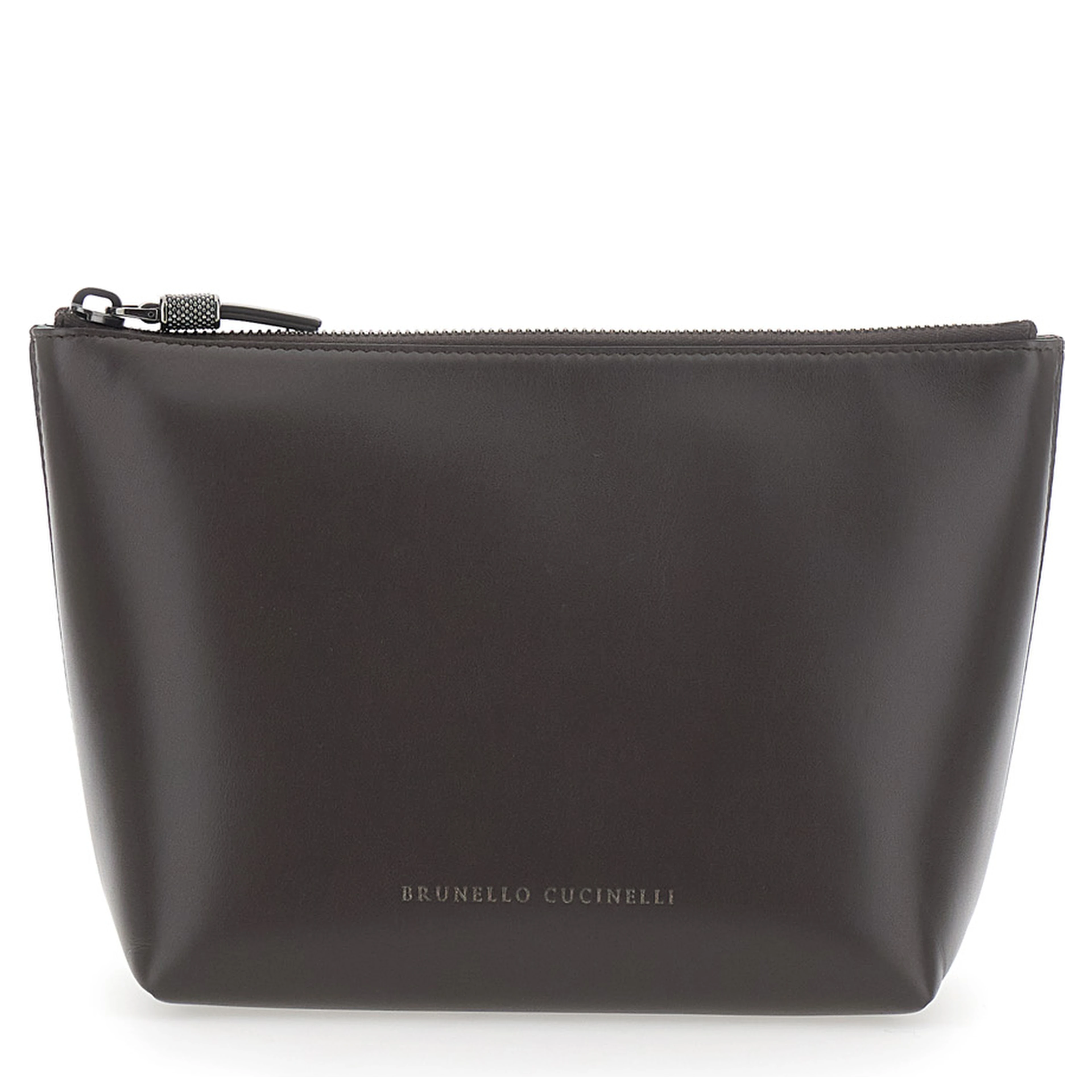 Brown beauty case with embossed logo lettering on the front in leather women