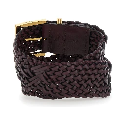 Brown belt with woven design and Pegaso logo in leather for women