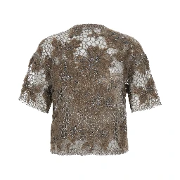 Beige Crew Neck T-Shirt with Deconstructed Shoulders in Wool Blend for Women