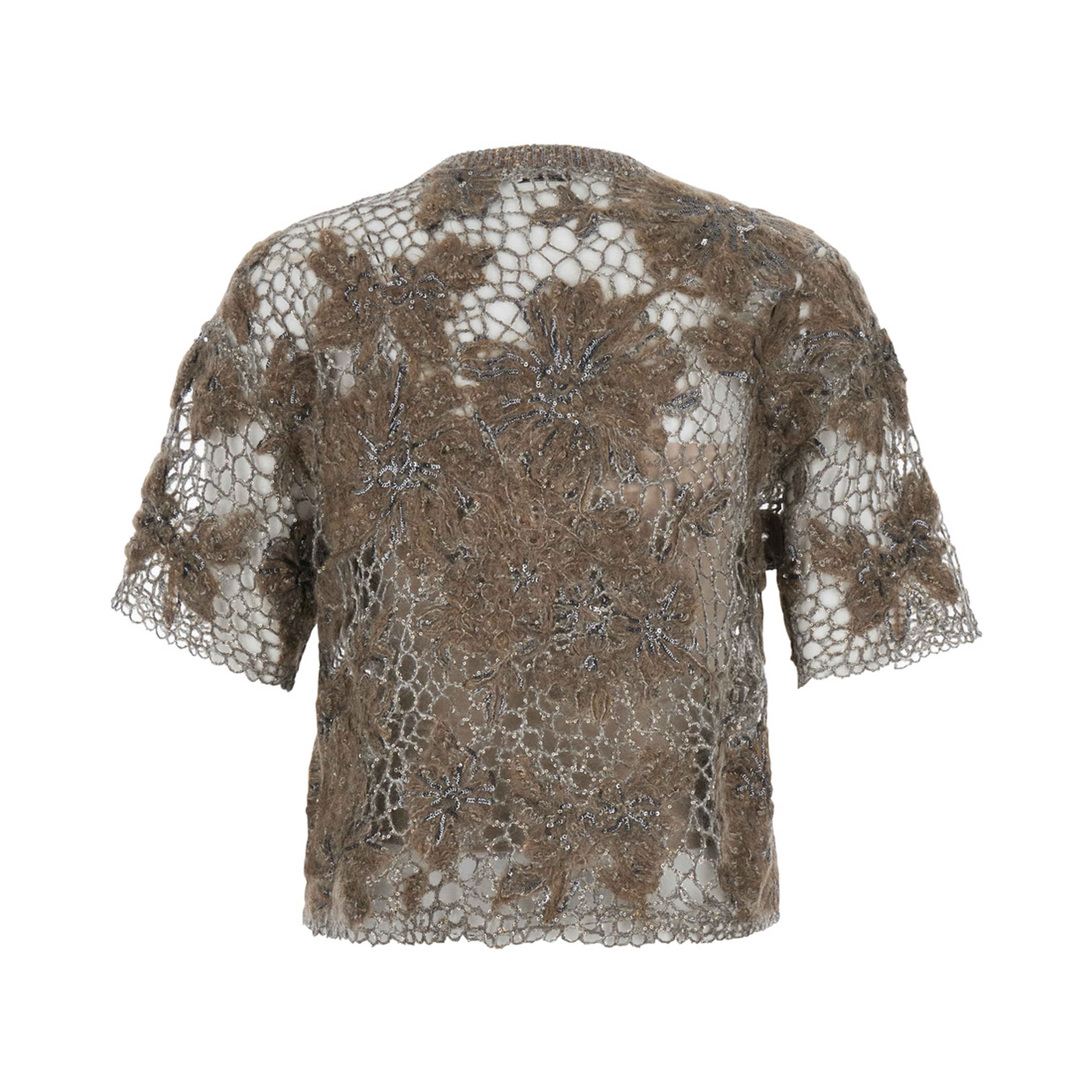 Beige Crew Neck T-Shirt with Deconstructed Shoulders in Wool Blend for Women