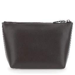 Brown beauty case with embossed logo lettering on the front in leather women