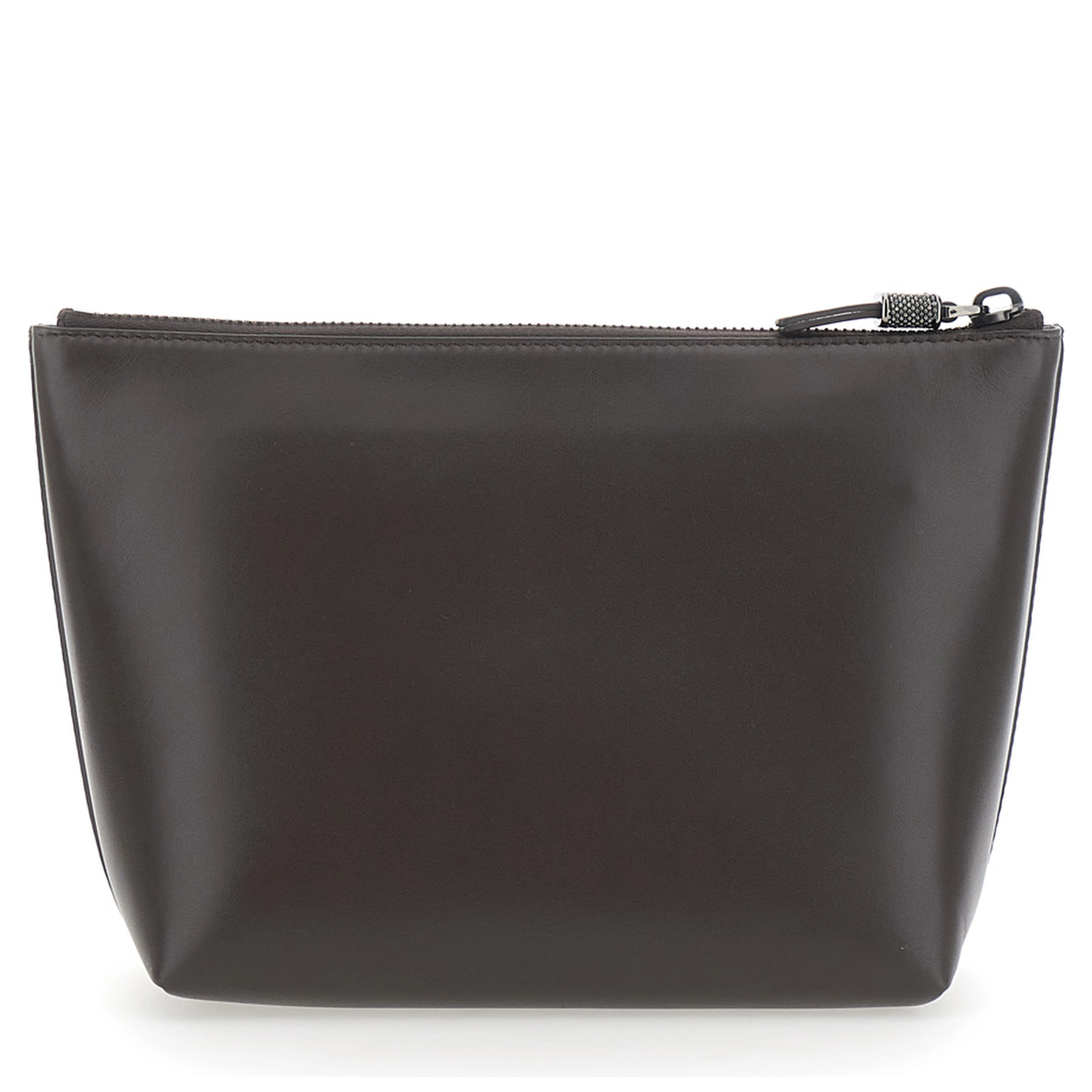 Brown beauty case with embossed logo lettering on the front in leather women