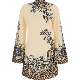 Multicolor High-neck dress with flared long sleeves and  print on the front and back in cotton blend for women