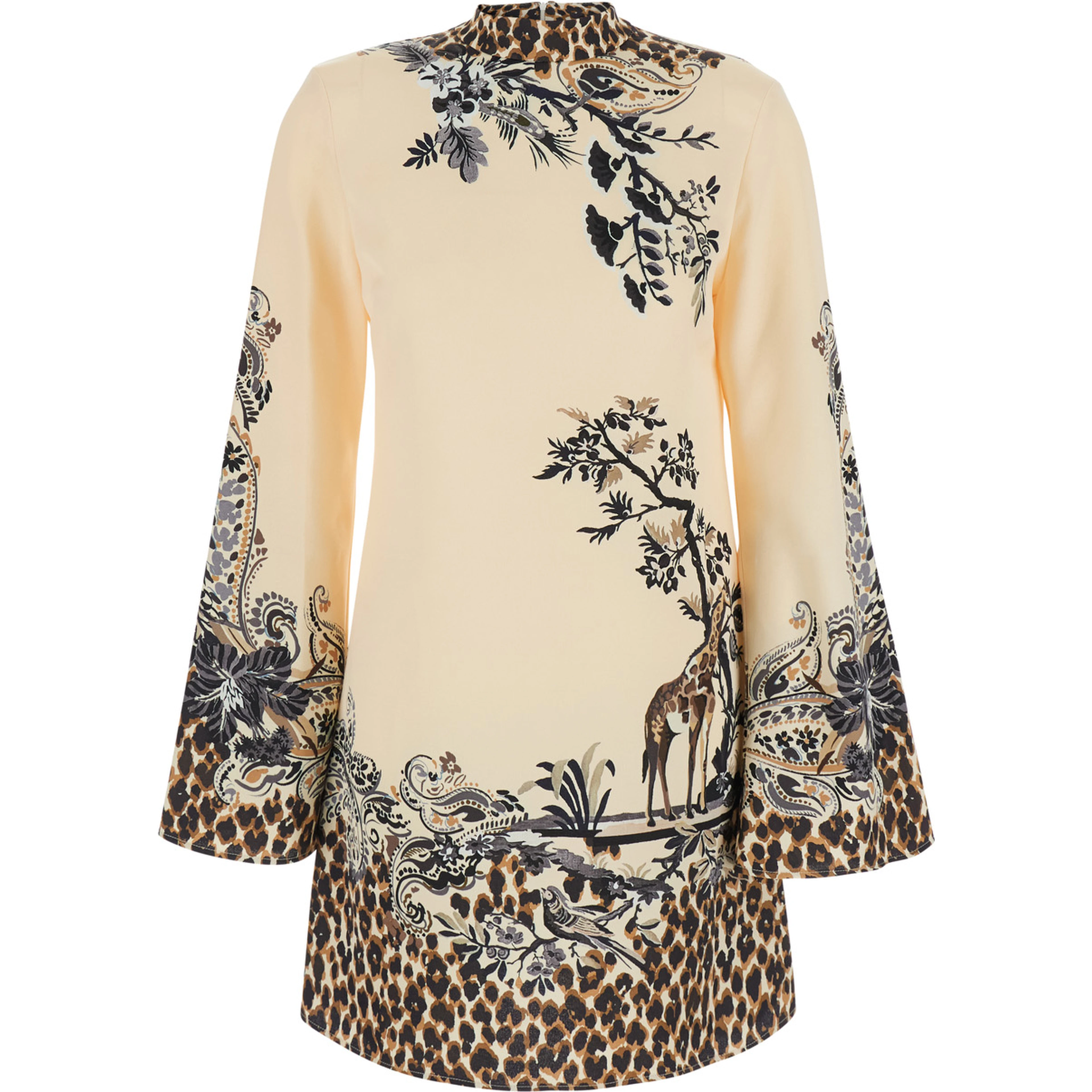 Multicolor High-neck dress with flared long sleeves and  print on the front and back in cotton blend for women