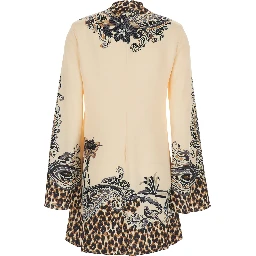 Multicolor High-neck dress with flared long sleeves and  print on the front and back in cotton blend for women