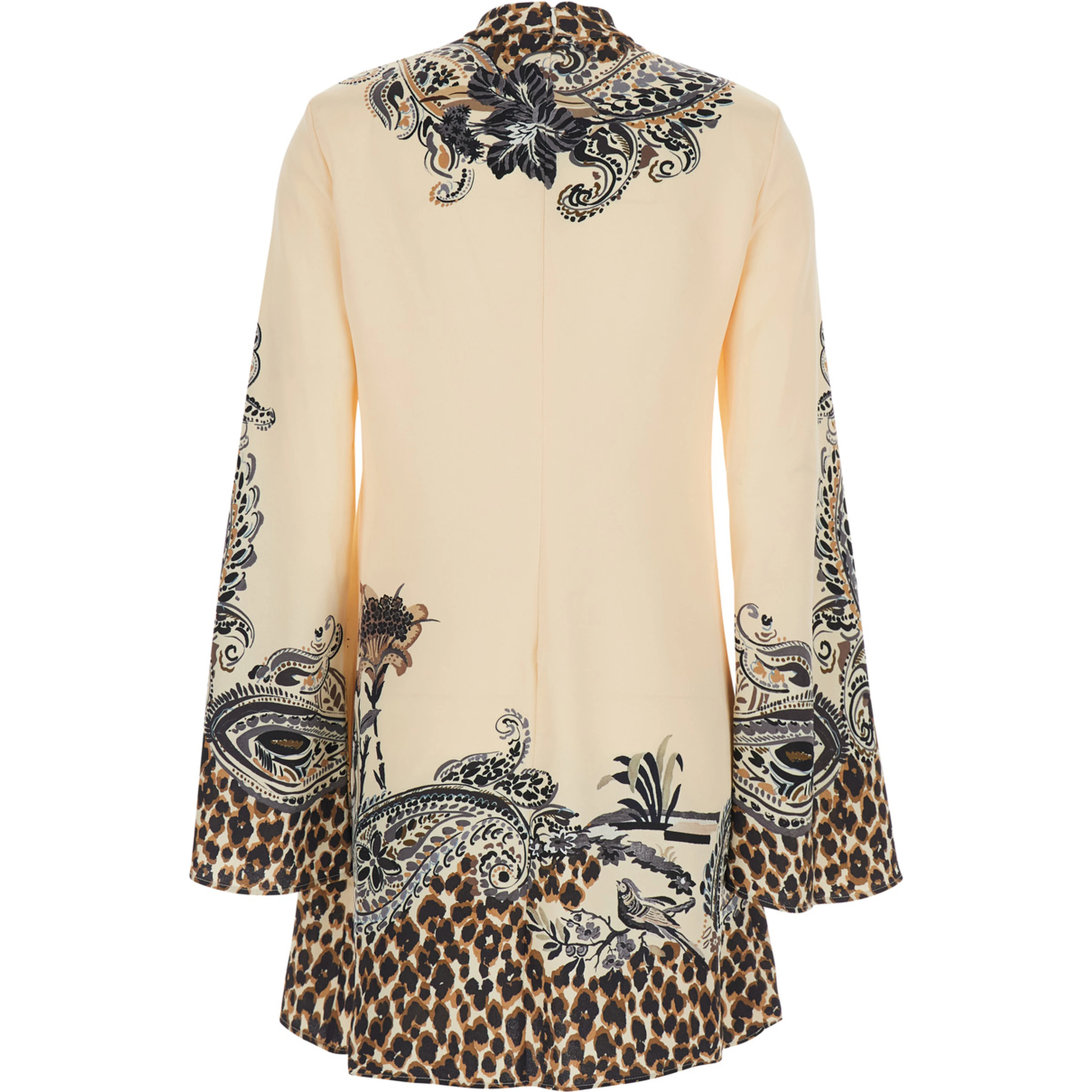 Multicolor High-neck dress with flared long sleeves and  print on the front and back in cotton blend for women